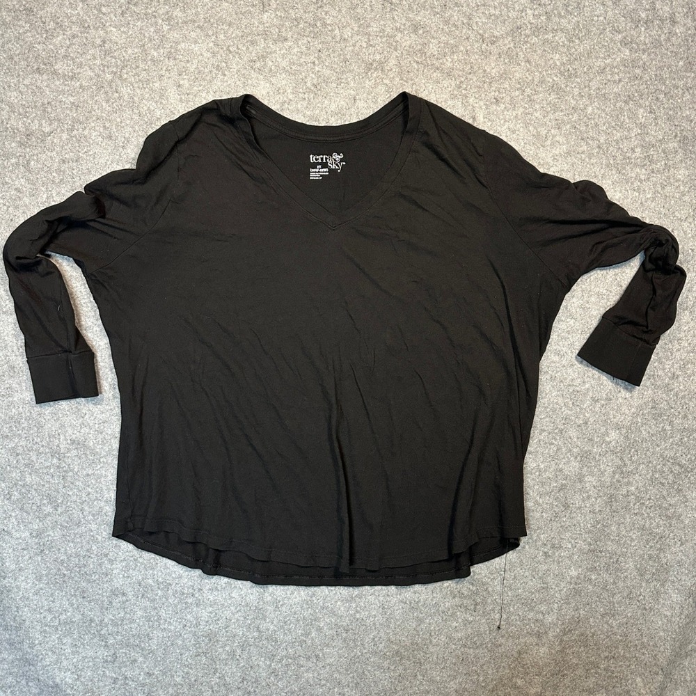 Terra & Sky V-Neck Long Sleeve Tee 2X Black Solid Soft Jersey Knit